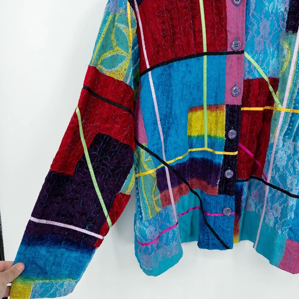 Colorful Patchwork Jacket Womens 1X Art to Wear‎ Lace Velvet Maximalist 90s Boho